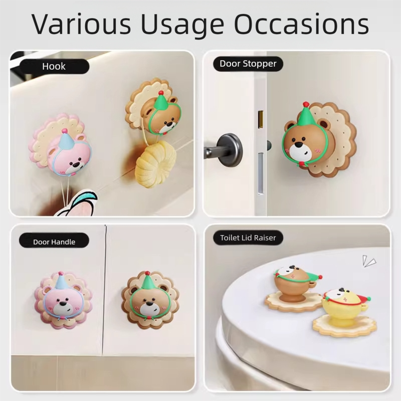 3 Pcs (Pink + Brown + Yellow) Adorable Bear Wall Protector - Multi-Use Self-Adhesive Door Stopper Bumper 6