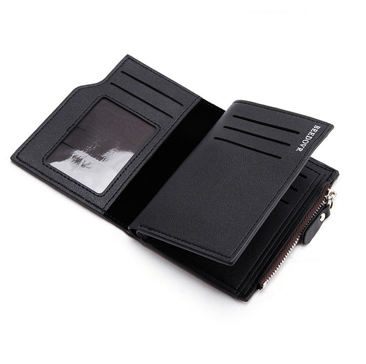 Black Men's Slim Vertical Bifold Wallet - PU Leather Card Holder with Zipper Coin Pocket and ID Window 3