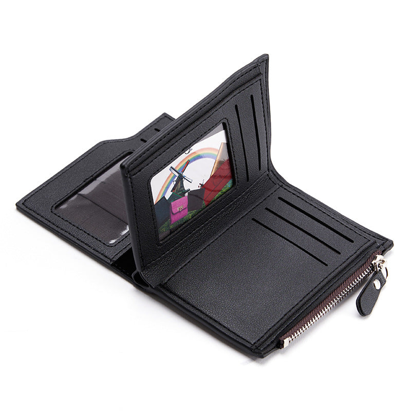 Brown Men's Slim Vertical Bifold Wallet - PU Leather Card Holder with Zipper Coin Pocket and ID Window 3