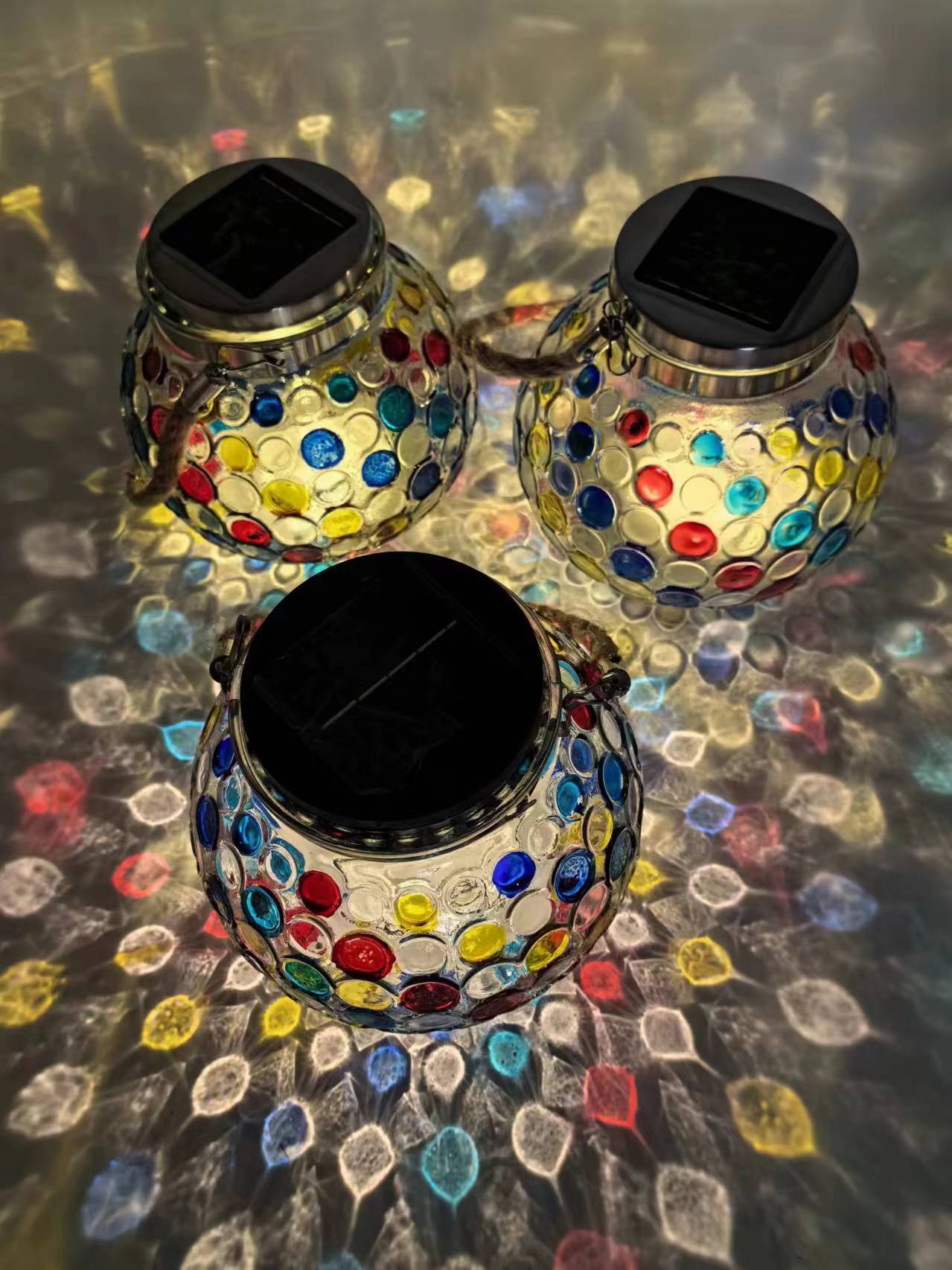 Colorful Warm Light Mosaic Solar Lantern - Decorative Stained Glass Jar Light for Garden Patio and Tabletop Decor