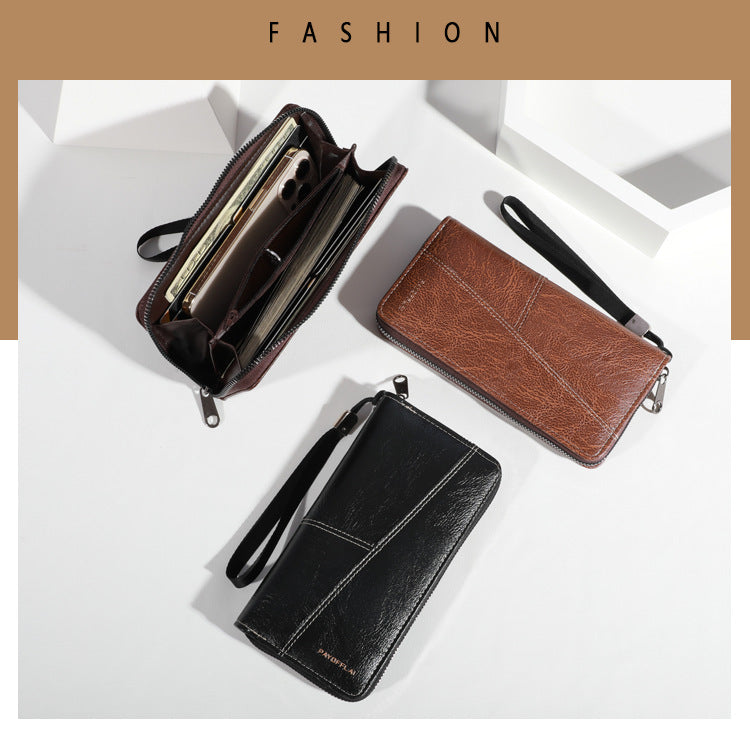 Black Men's Long Zipper Wallet Clutch - PU Leather Wristlet with Phone and Card Slots 4