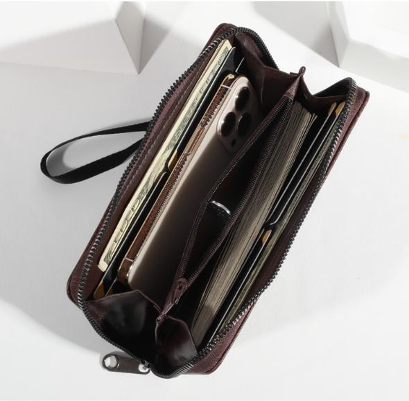 Black Men's Long Zipper Wallet Clutch - PU Leather Wristlet with Phone and Card Slots 5