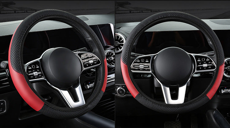 2-Pack (Type A + Type B) Beige And Black Sporty Carbon Fiber Leather Steering Wheel Cover - Universal 38cm Easy-Fit Elastic Grip 3