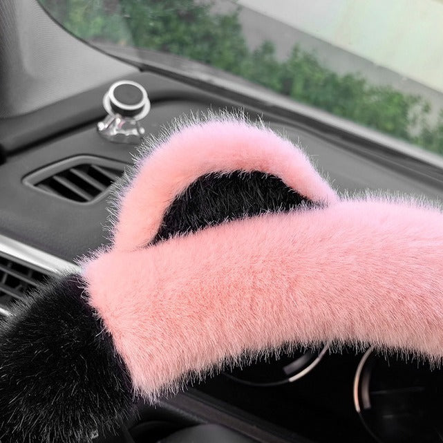 White Plush Cat Ear Steering Wheel Cover - Cute & Fuzzy Winter Grip, Universal 38cm Fit 3
