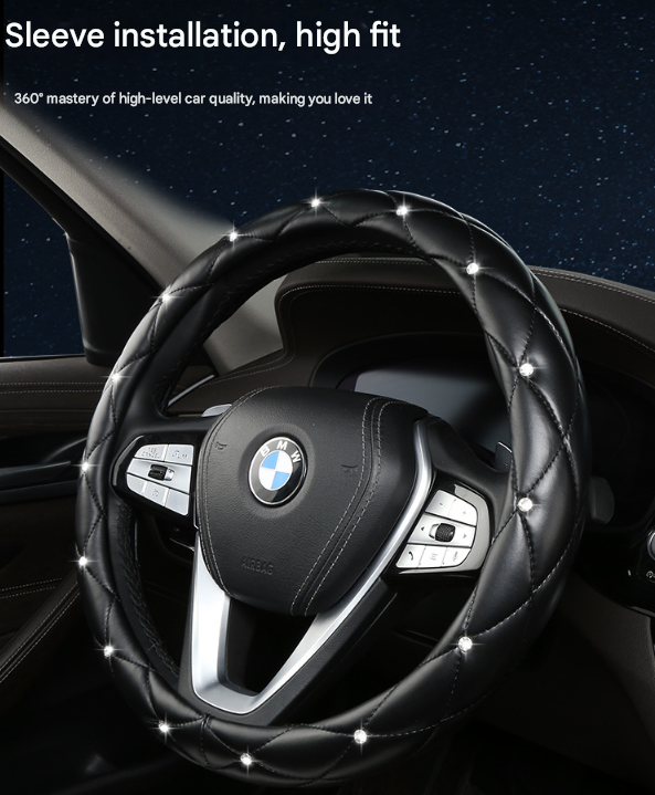 White Luxury Bling Steering Wheel Cover - Black Quilted Leather with Crystal Rhinestones, Universal 38cm Fit 3