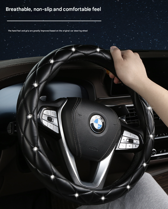 White Luxury Bling Steering Wheel Cover - Black Quilted Leather with Crystal Rhinestones, Universal 38cm Fit 4