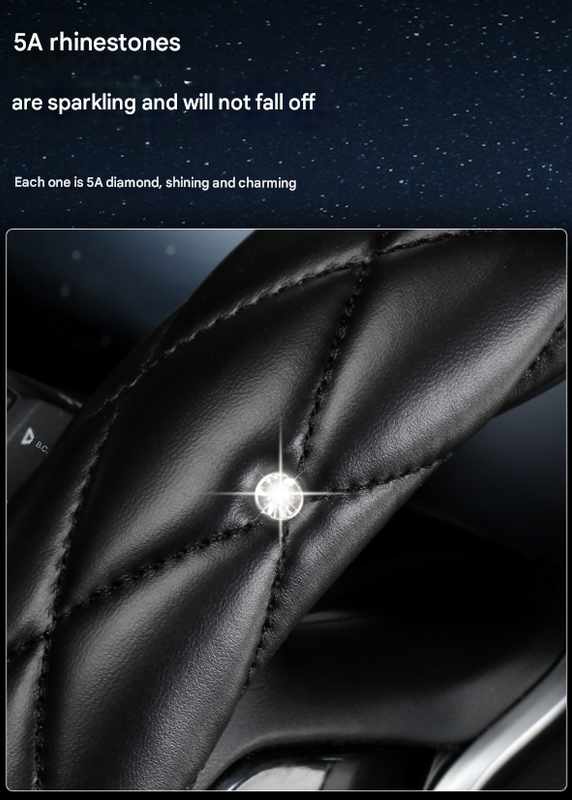 White Luxury Bling Steering Wheel Cover - Black Quilted Leather with Crystal Rhinestones, Universal 38cm Fit 5