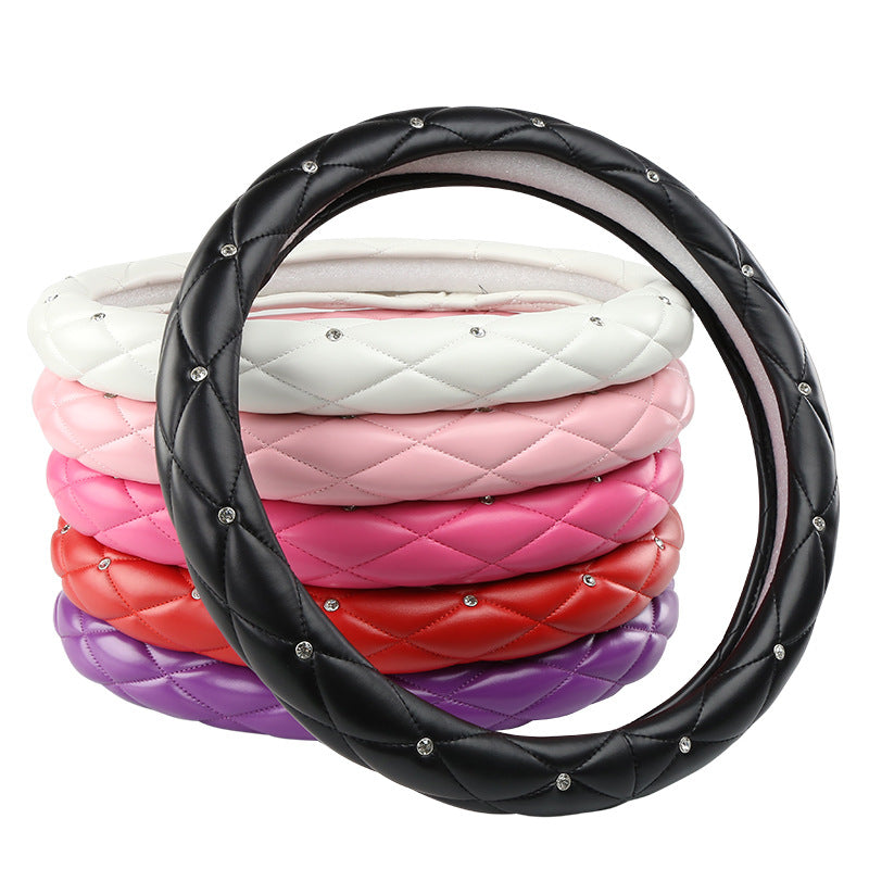 White Luxury Bling Steering Wheel Cover - Black Quilted Leather with Crystal Rhinestones, Universal 38cm Fit 8