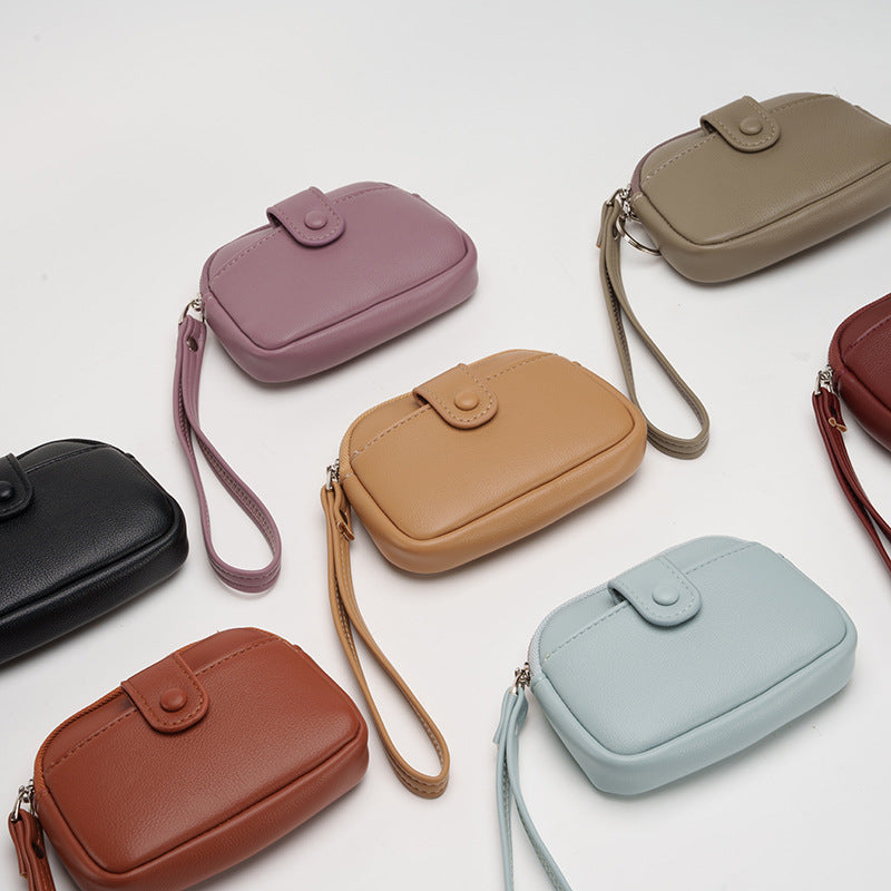 Brown Womens Compact PU Leather Coin Purse - Stylish Mini Wallet Wristlet with Card Holder and Key Ring