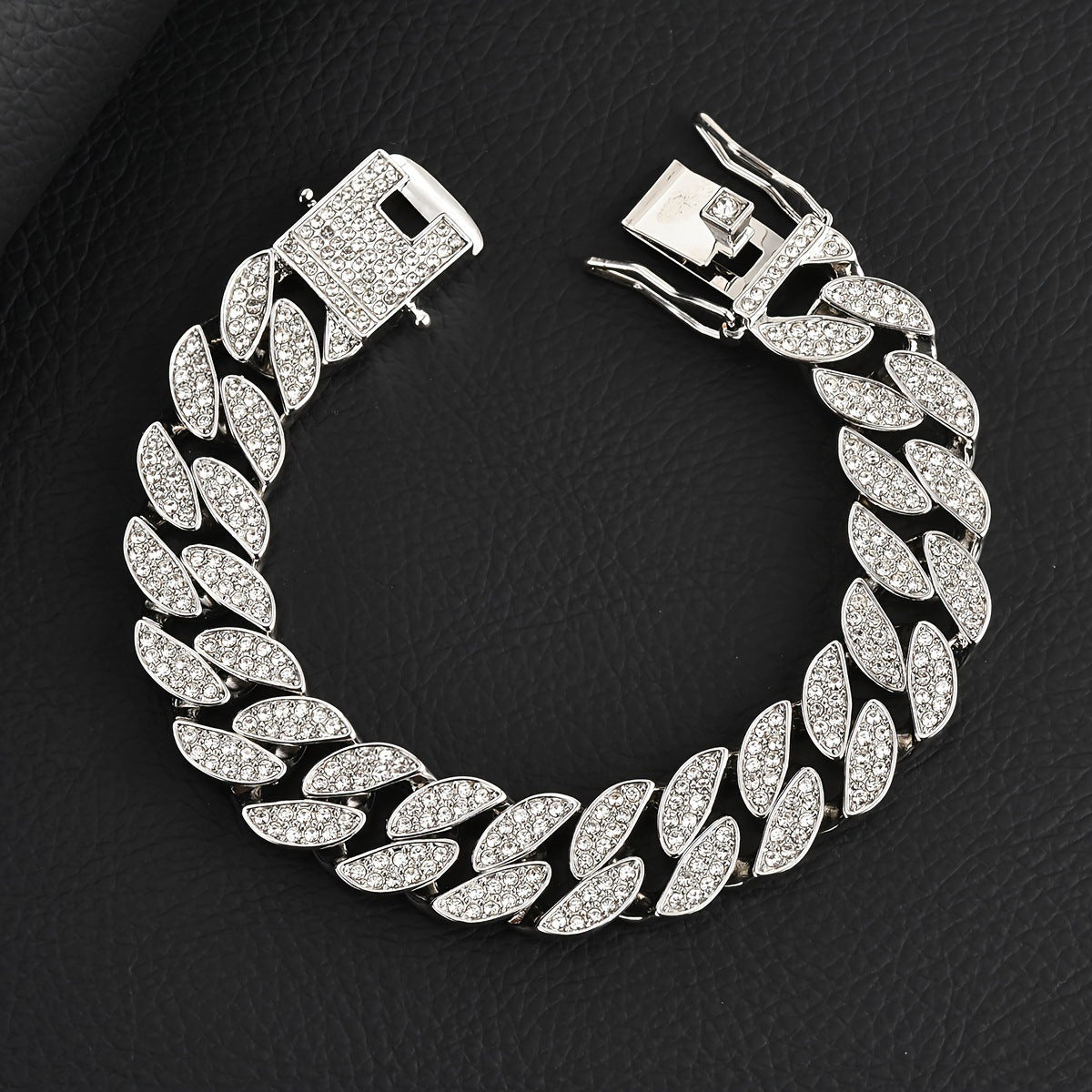 Silver 16mm Iced Out Cuban Link Bracelet - Heavy Paved Rhinestone Hip Hop Chain for Men