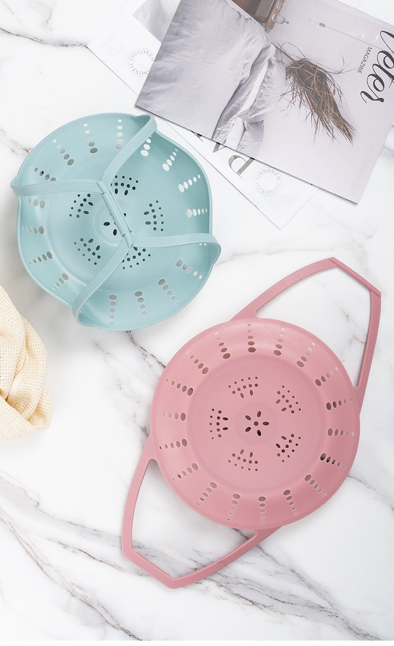 Small Pink Flexible Silicone Steamer Basket with Heat-Resistant Handles - Food-Grade Vegetable Steamer Insert for Pots & Pans 9