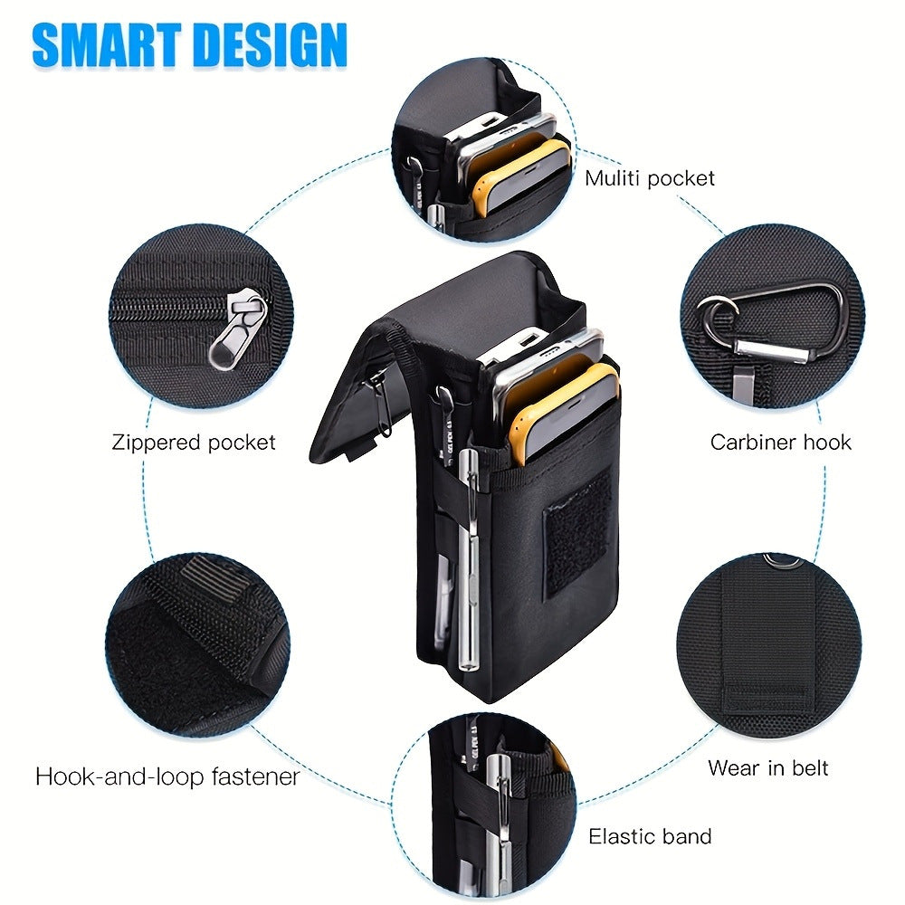 Black Heavy-Duty Tactical Phone Pouch - Multi-Pocket Belt Holster & Utility Waist Bag for Outdoor Work and EDC 5
