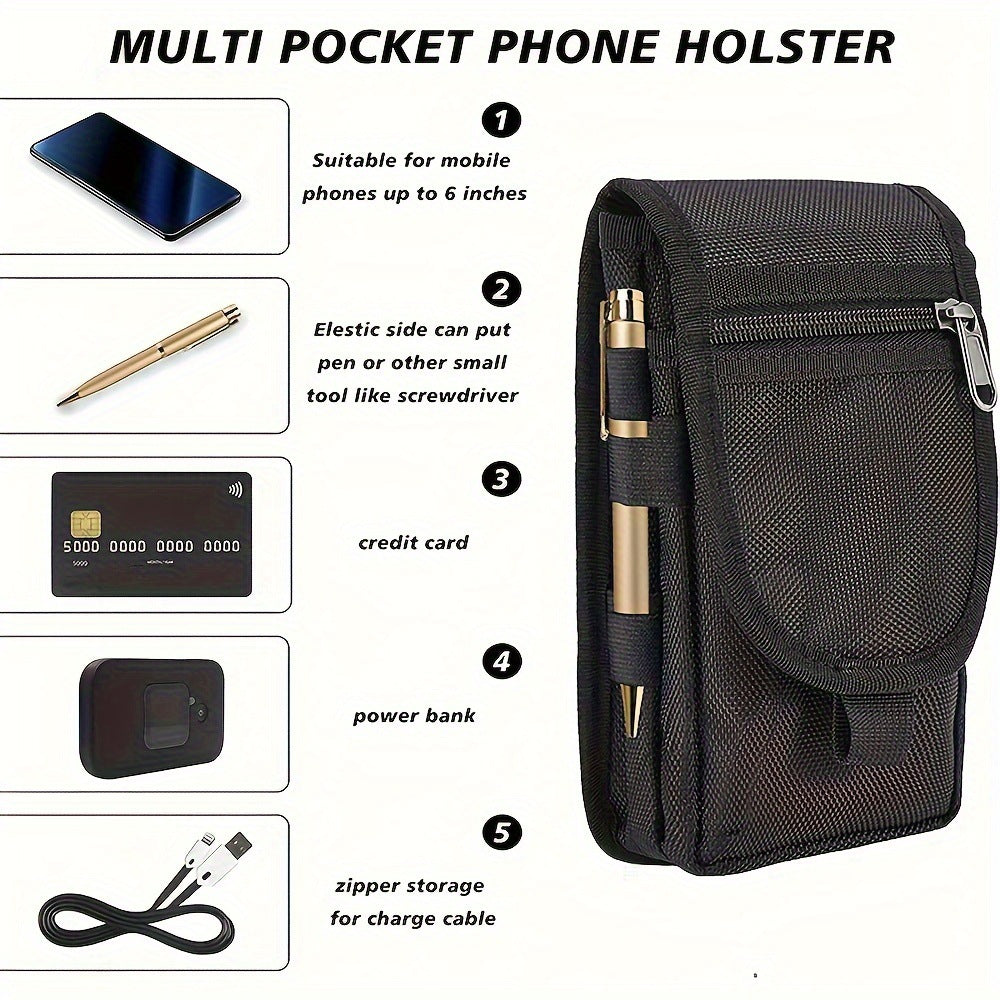 Black Heavy-Duty Tactical Phone Pouch - Multi-Pocket Belt Holster & Utility Waist Bag for Outdoor Work and EDC 6