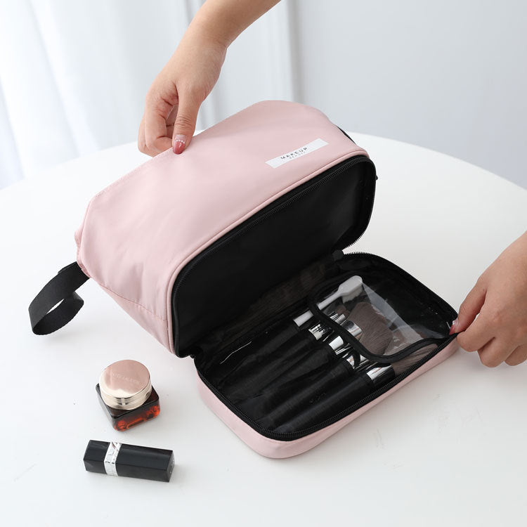 Pink Chic Dual-Compartment Makeup & Toiletry Bag - Large Capacity Travel Organizer with Brush Holder 3