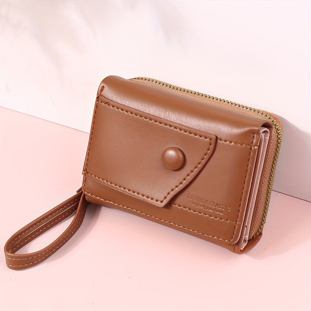 Black Chic Compact Trifold Wallet for Women - PU Leather Card Holder with Zipper Coin Purse & Wristlet Strap 3