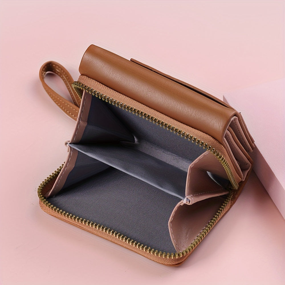 Black Chic Compact Trifold Wallet for Women - PU Leather Card Holder with Zipper Coin Purse & Wristlet Strap 4