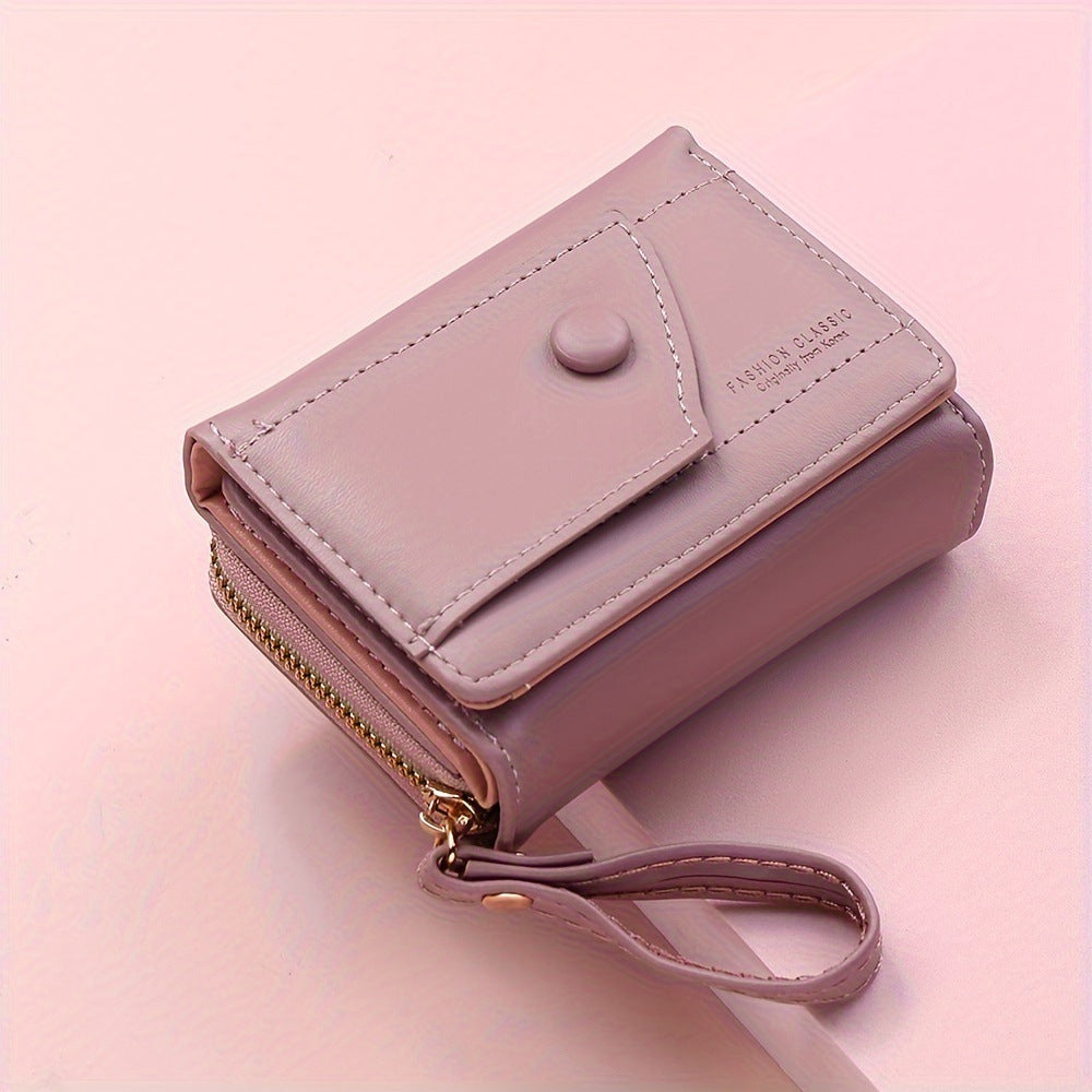 Black Chic Compact Trifold Wallet for Women - PU Leather Card Holder with Zipper Coin Purse & Wristlet Strap 5