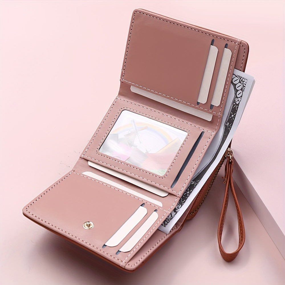 Black Chic Compact Trifold Wallet for Women - PU Leather Card Holder with Zipper Coin Purse & Wristlet Strap 6