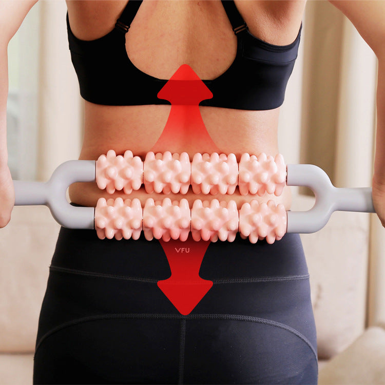 Pink and Grey Dual Row Spiky Muscle Roller Stick - Deep Tissue Massager for Back and Leg Recovery 4