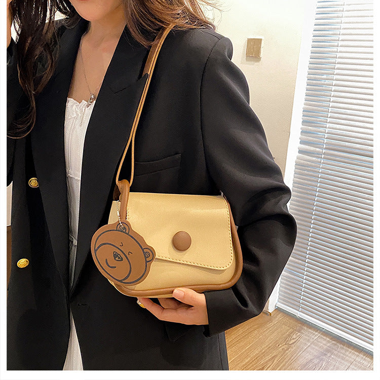 Khaki and Brown Chic PU Leather Crossbody Bag with Cute Bear Charm - Adjustable Strap Shoulder Purse 3