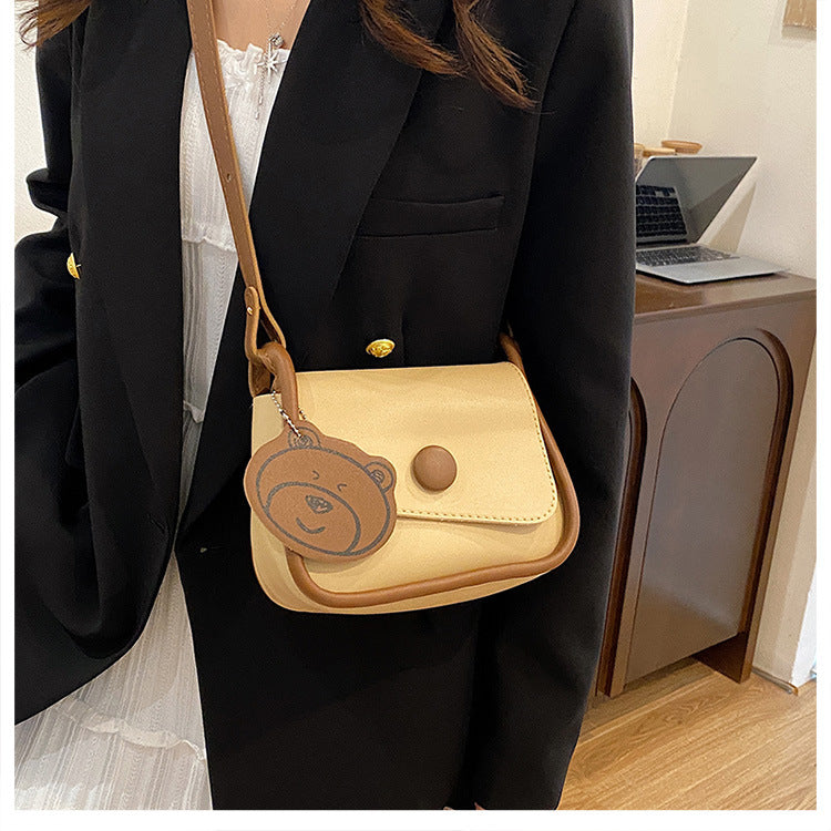 Khaki and Brown Chic PU Leather Crossbody Bag with Cute Bear Charm - Adjustable Strap Shoulder Purse 4
