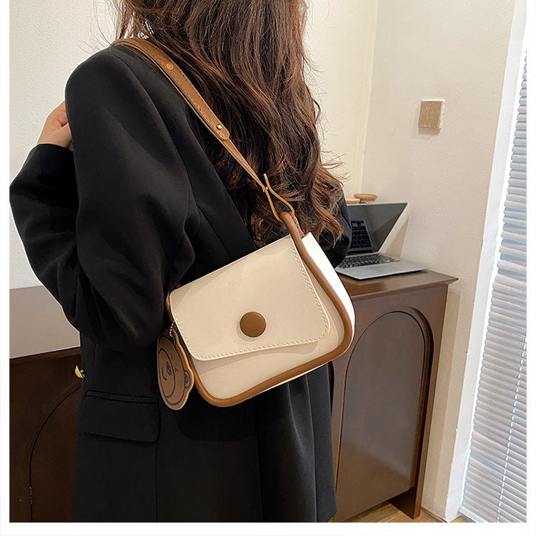 White and Brown Chic PU Leather Crossbody Bag with Cute Bear Charm - Adjustable Strap Shoulder Purse 4