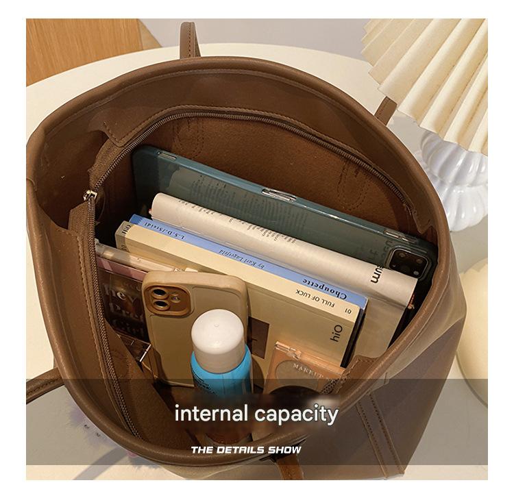 Brown Chic Large Capacity Tote Bag - PU Leather Commuter Shoulder Handbag for Women 4