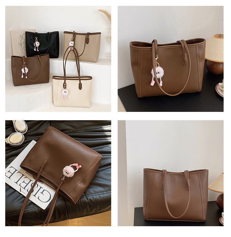 Beige and Brown Chic Large Capacity Tote Bag - PU Leather Commuter Shoulder Handbag for Women 3
