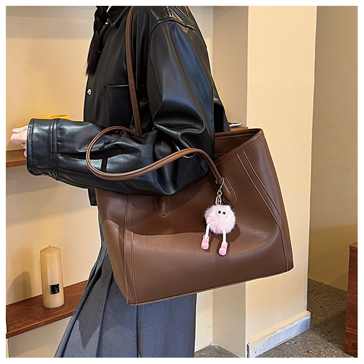 Beige and Brown Chic Large Capacity Tote Bag - PU Leather Commuter Shoulder Handbag for Women 8