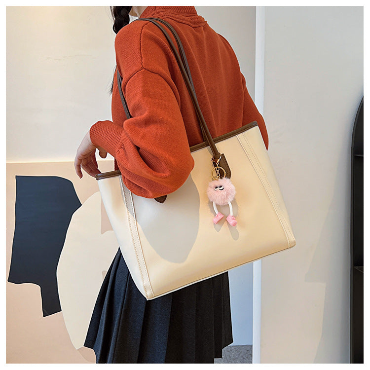 Beige and Brown Chic Large Capacity Tote Bag - PU Leather Commuter Shoulder Handbag for Women 9