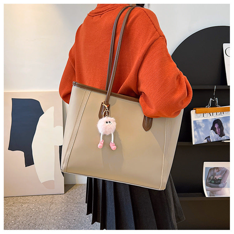 Beige and Brown Chic Large Capacity Tote Bag - PU Leather Commuter Shoulder Handbag for Women 11