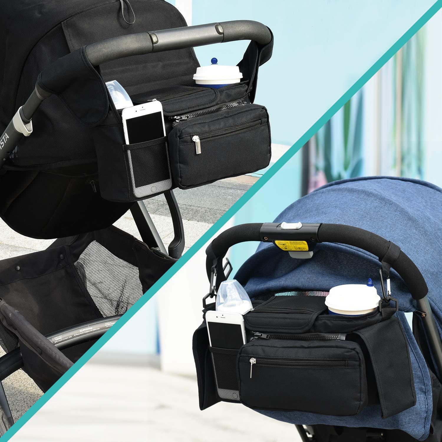 Black Universal Stroller Organiser Caddy with Insulated Cup Holders and Detachable Wristlet 8