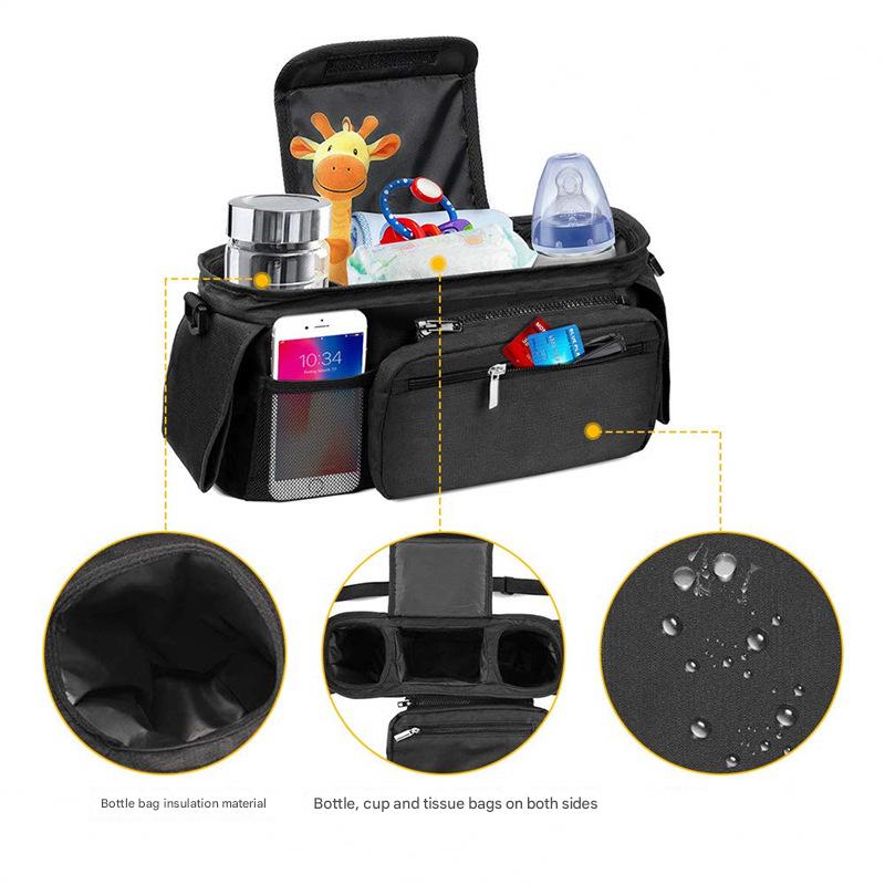 Black and Gray Stitching Universal Stroller Organiser Caddy with Insulated Cup Holders and Detachable Wristlet 3