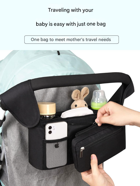 Black and Gray Stitching Universal Stroller Organiser Caddy with Insulated Cup Holders and Detachable Wristlet 5