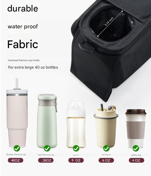 Grey and Black Stitching Universal Stroller Organiser Caddy with Insulated Cup Holders and Detachable Wristlet 6