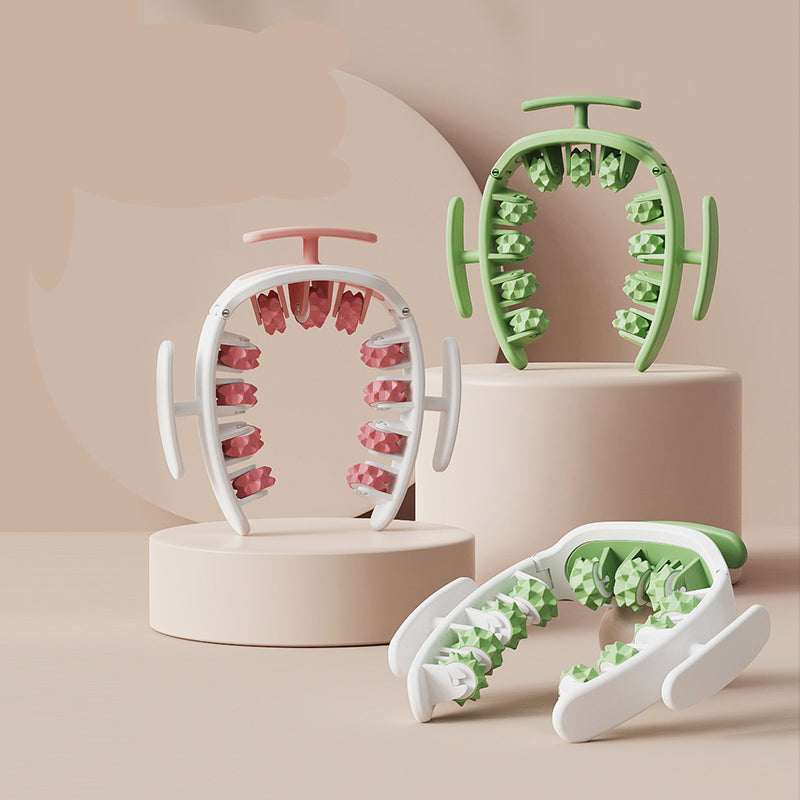 Pink and White Removable Adjustable Wrap-Around Muscle Roller - 11-Wheel Deep Tissue Massager for Legs, Arms & Body