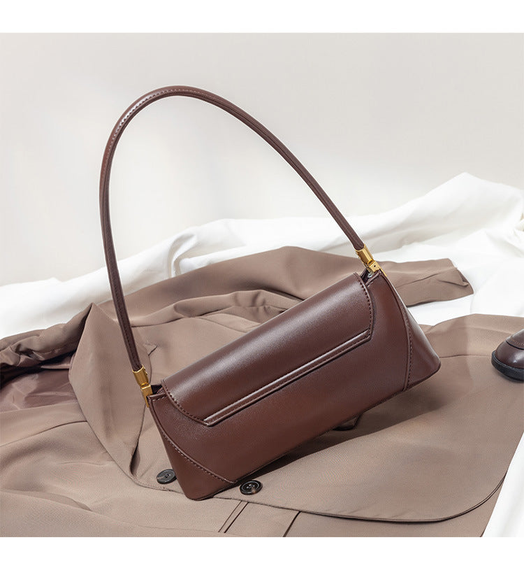 Brown Elegant Vintage Baguette Shoulder Bag - Chic PU Leather Underarm Purse with Gold Clasp 5
