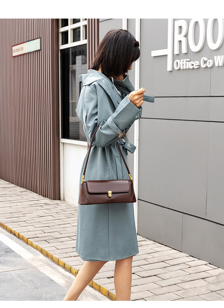 Brown Elegant Vintage Baguette Shoulder Bag - Chic PU Leather Underarm Purse with Gold Clasp 8