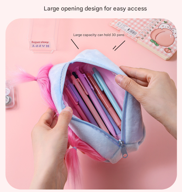 Blue and Pink Hair Cute Plush Monster Pencil Case - Fluffy Stationery Pouch with DIY Styleable Hair for Kids 3