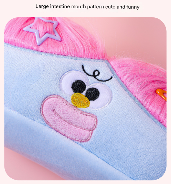 Beige and Light Green Hair Cute Plush Monster Pencil Case - Fluffy Stationery Pouch with DIY Styleable Hair for Kids 4