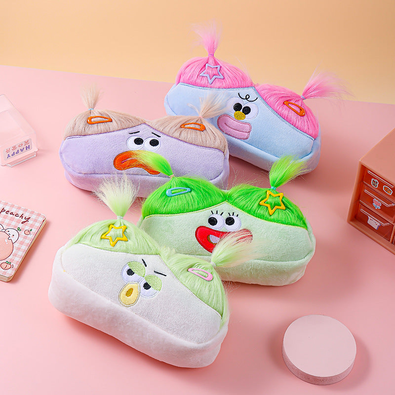 Light Green and Green Hair Cute Plush Monster Pencil Case - Fluffy Stationery Pouch with DIY Styleable Hair for Kids