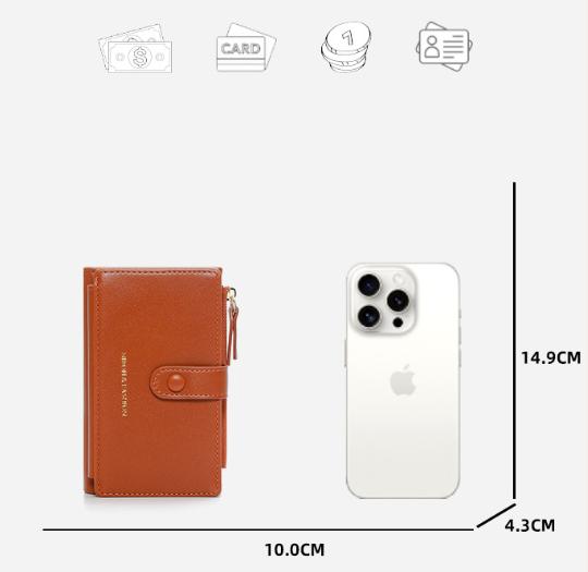 Light Brown Compact Bifold Wallet for Women - High Capacity PU Leather Purse with Zipper Coin Pocket 5