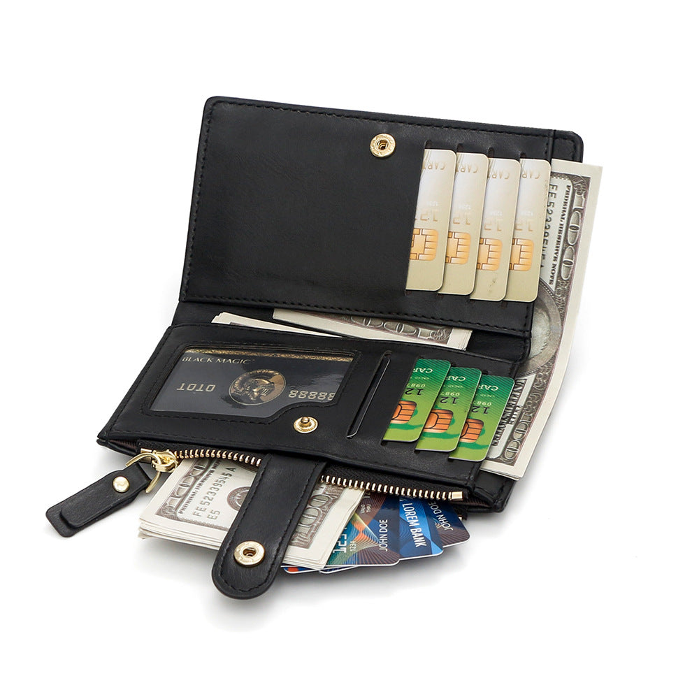 Black Compact Bifold Wallet for Women - High Capacity PU Leather Purse with Zipper Coin Pocket 3