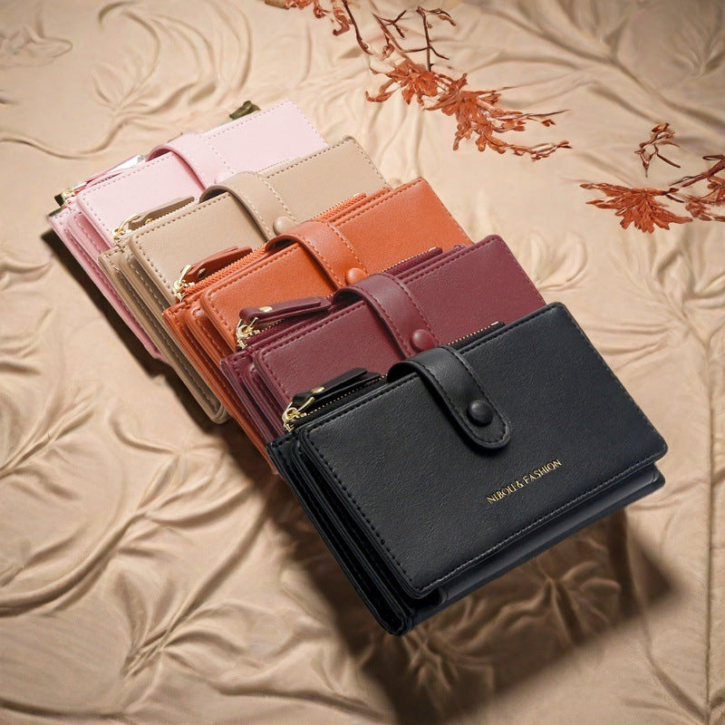Pink Compact Bifold Wallet for Women - High Capacity PU Leather Purse with Zipper Coin Pocket