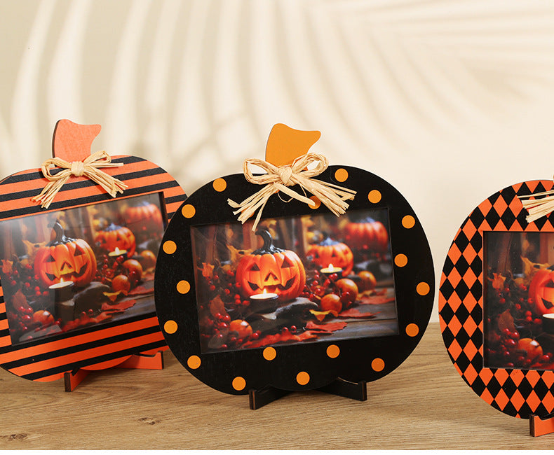 Black and Orange Stripes Pattern Festive Pumpkin Photo Frame - Rustic Halloween Tabletop Picture Holder