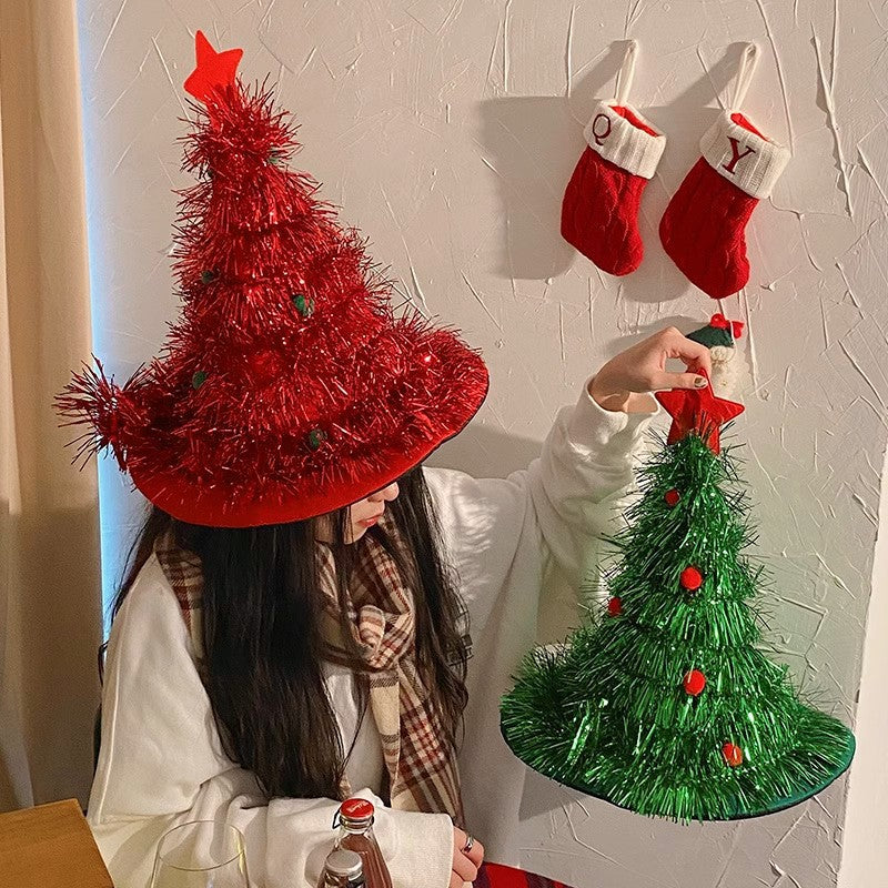 Silver Sparkly Tinsel Christmas Tree Hat - Festive Holiday Party Headwear for Adults & Kids 3