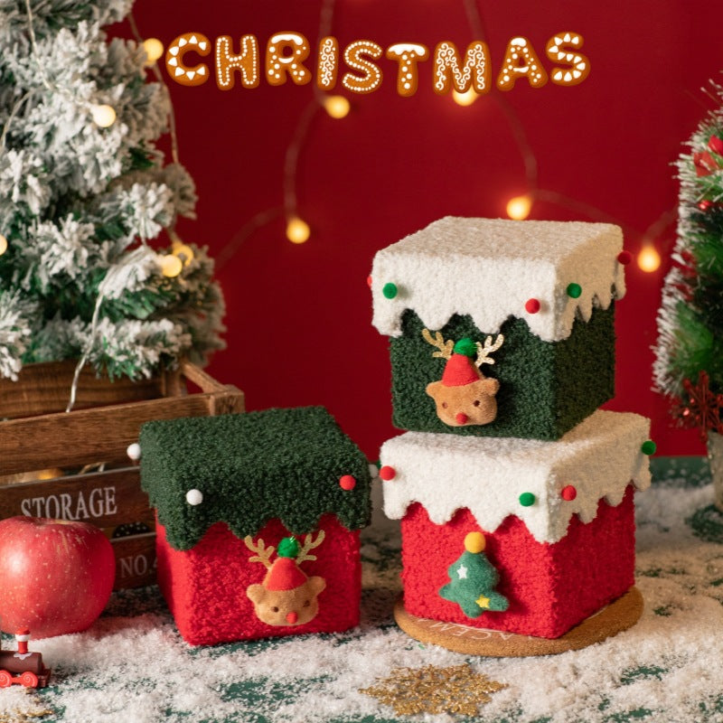 Red and Green Luxe Plush Christmas Gift Box - Decorative Holiday Treat Box with Snowy Trim 4