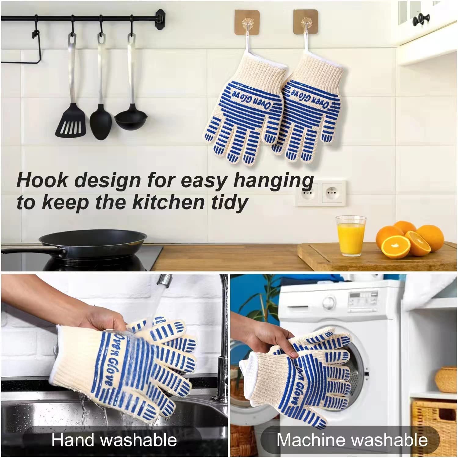 Blue and White Extreme Heat Resistant BBQ Gloves - Cut-Resistant Oven Mitts with Non-Slip Silicone Grip 5