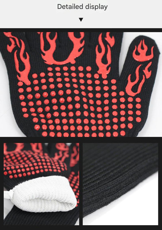 Red Flame Pattern Extreme Heat Resistant BBQ Gloves - 500°C Flame Design Oven Gloves with Non-Slip Silicone Grip 3