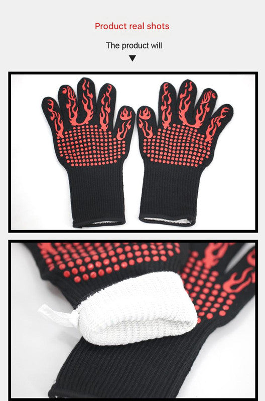 Black Flame Pattern Extreme Heat Resistant BBQ Gloves - 500°C Flame Design Oven Gloves with Non-Slip Silicone Grip 6